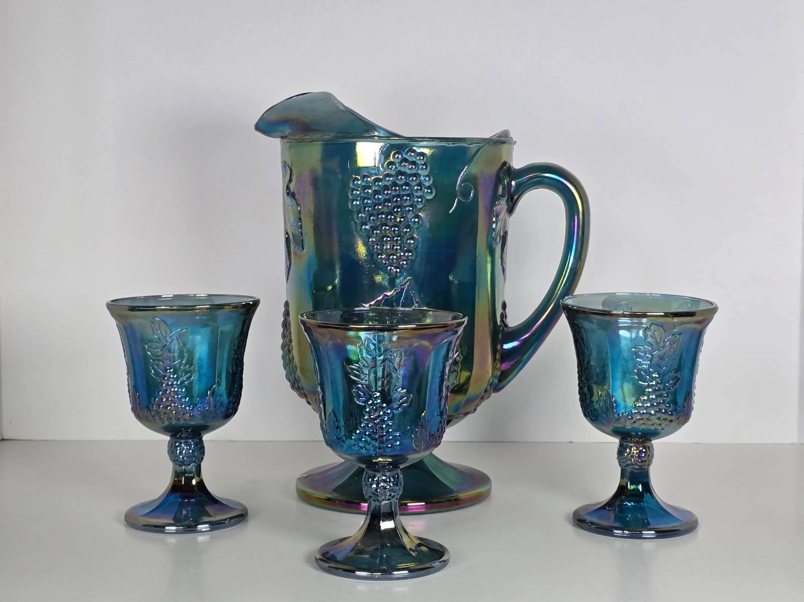 Vintage Colony Harvest Blue Carnival Glass Pitcher & 3 Goblets